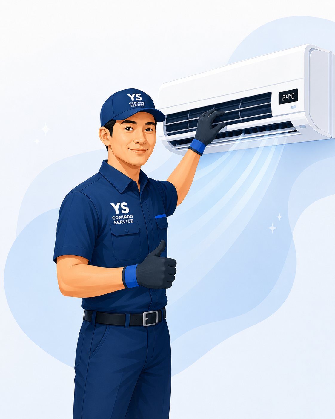 Ilustrasi teknisi Ys Comindo Service sedang memperbaiki AC